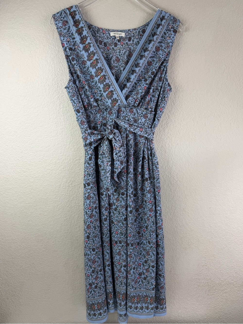 Max Studio Powder Blue Floral Maxi Dress with Waist Tie